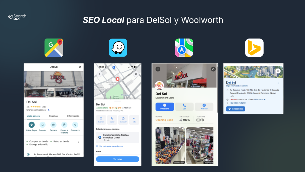 seo local para tiendas DeSol y Woolworth, México