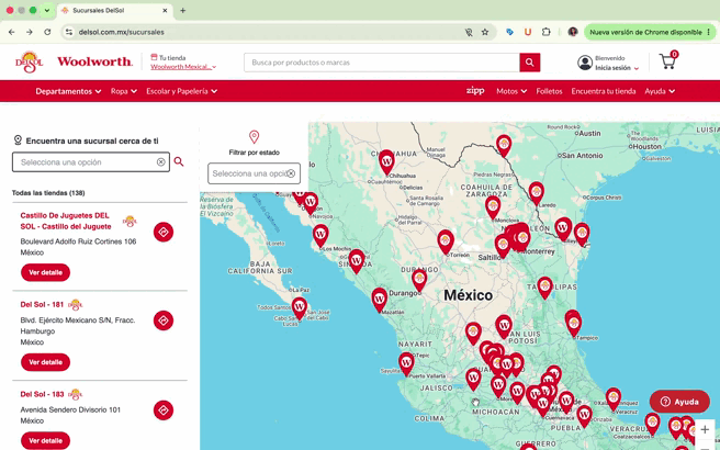 Store Locator en el sitio web Del Sol y Woolworth con SearchMAS
